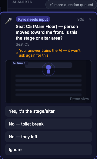 A Kyro needs input card asking whether a person moving toward the front is at the stage or altar, with answer buttons