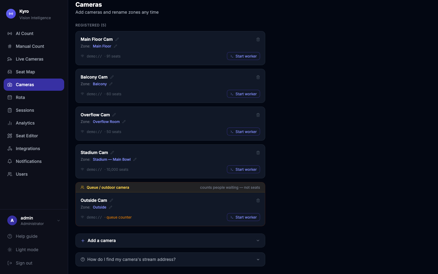 Cameras page listing registered cameras with their zone, stream address and seat capacity, and the Add a camera section