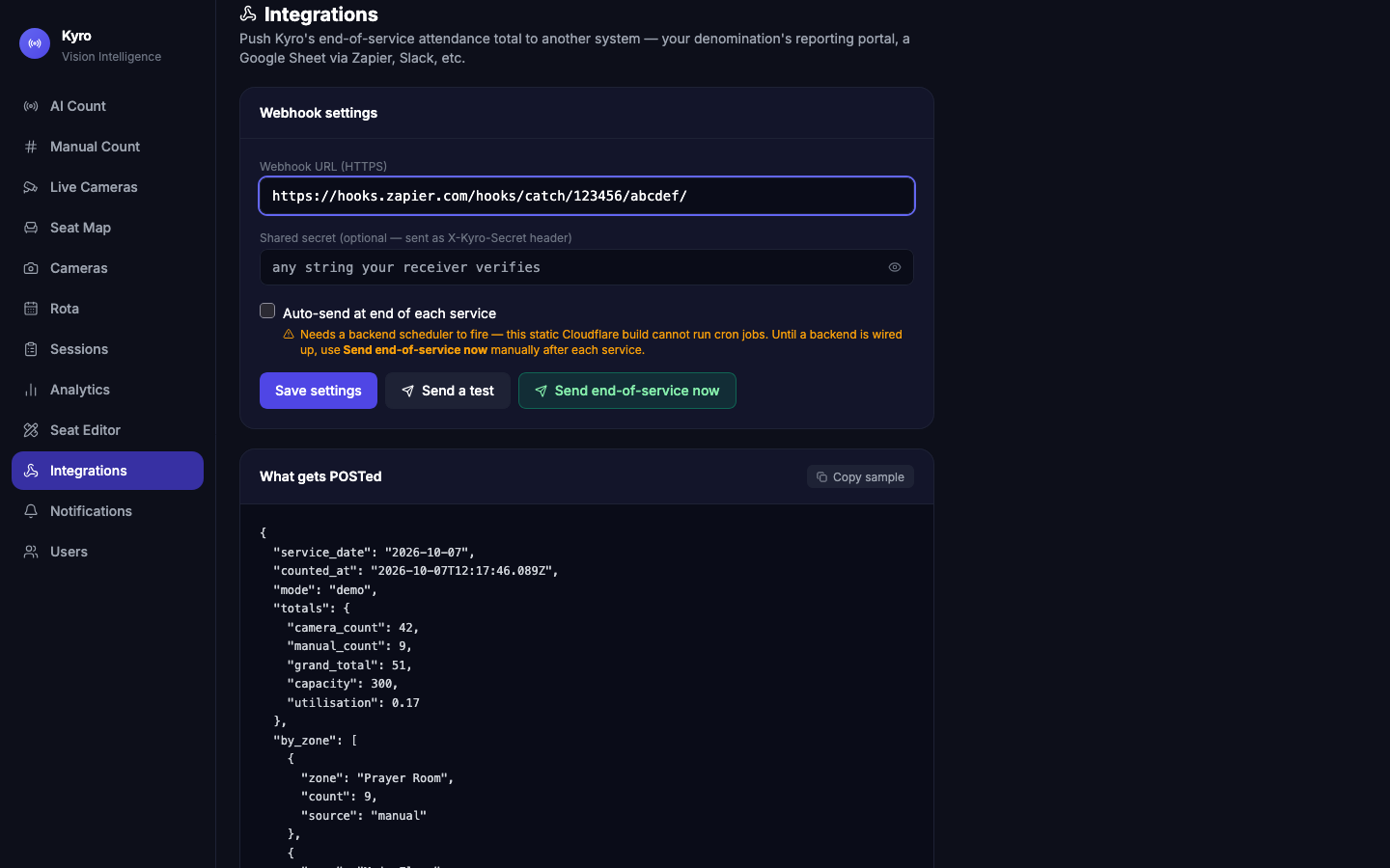 Integrations page with the webhook URL, shared secret, auto-send option, the Save settings, Send a test and Send end-of-service now buttons, and the sample payload