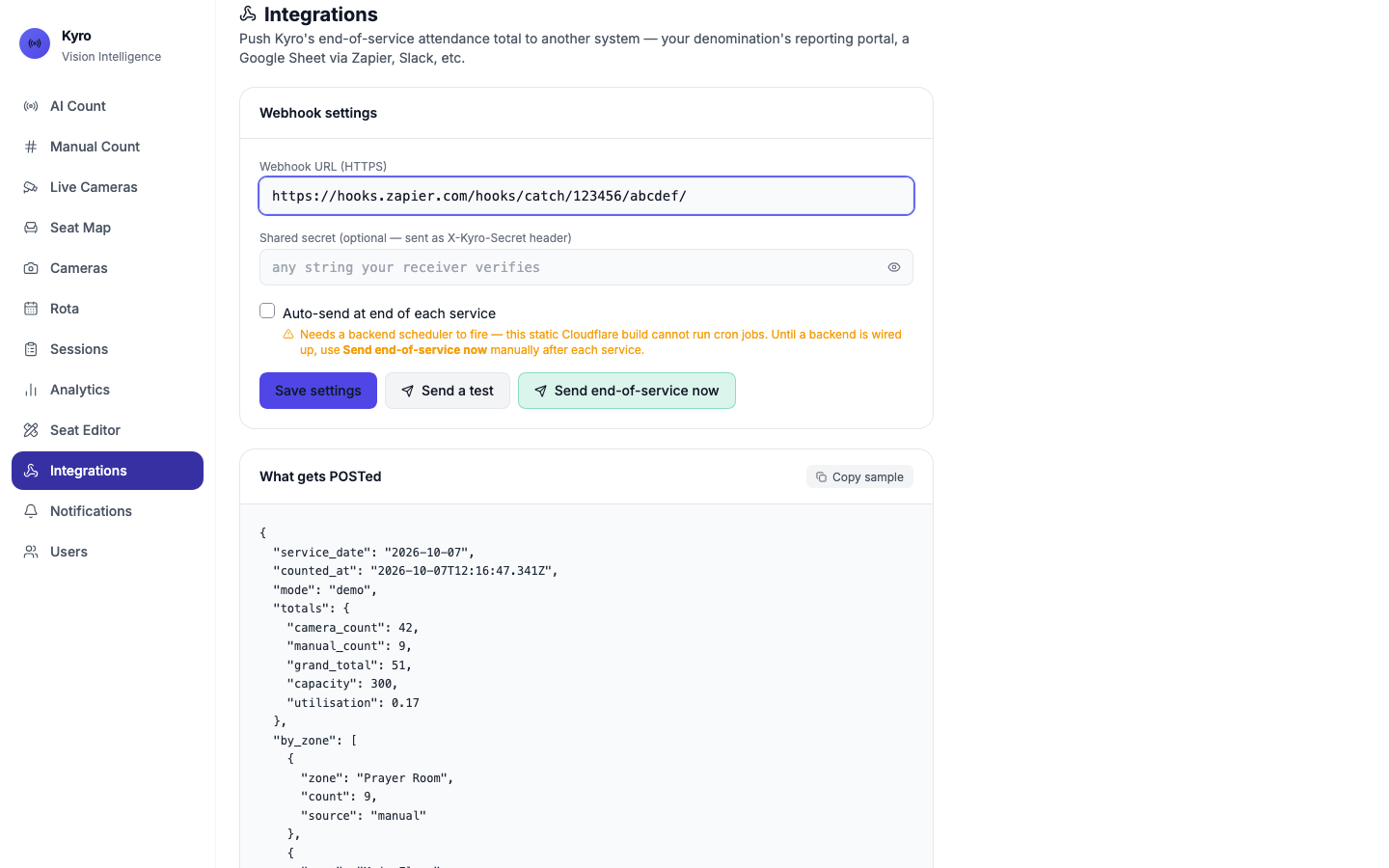 Integrations page with the webhook URL, shared secret, auto-send option, the Save settings, Send a test and Send end-of-service now buttons, and the sample payload