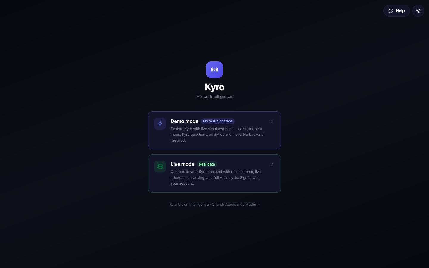 Kyro sign-in screen with the Demo mode and Live mode cards, and the Help and light/dark buttons at the top right