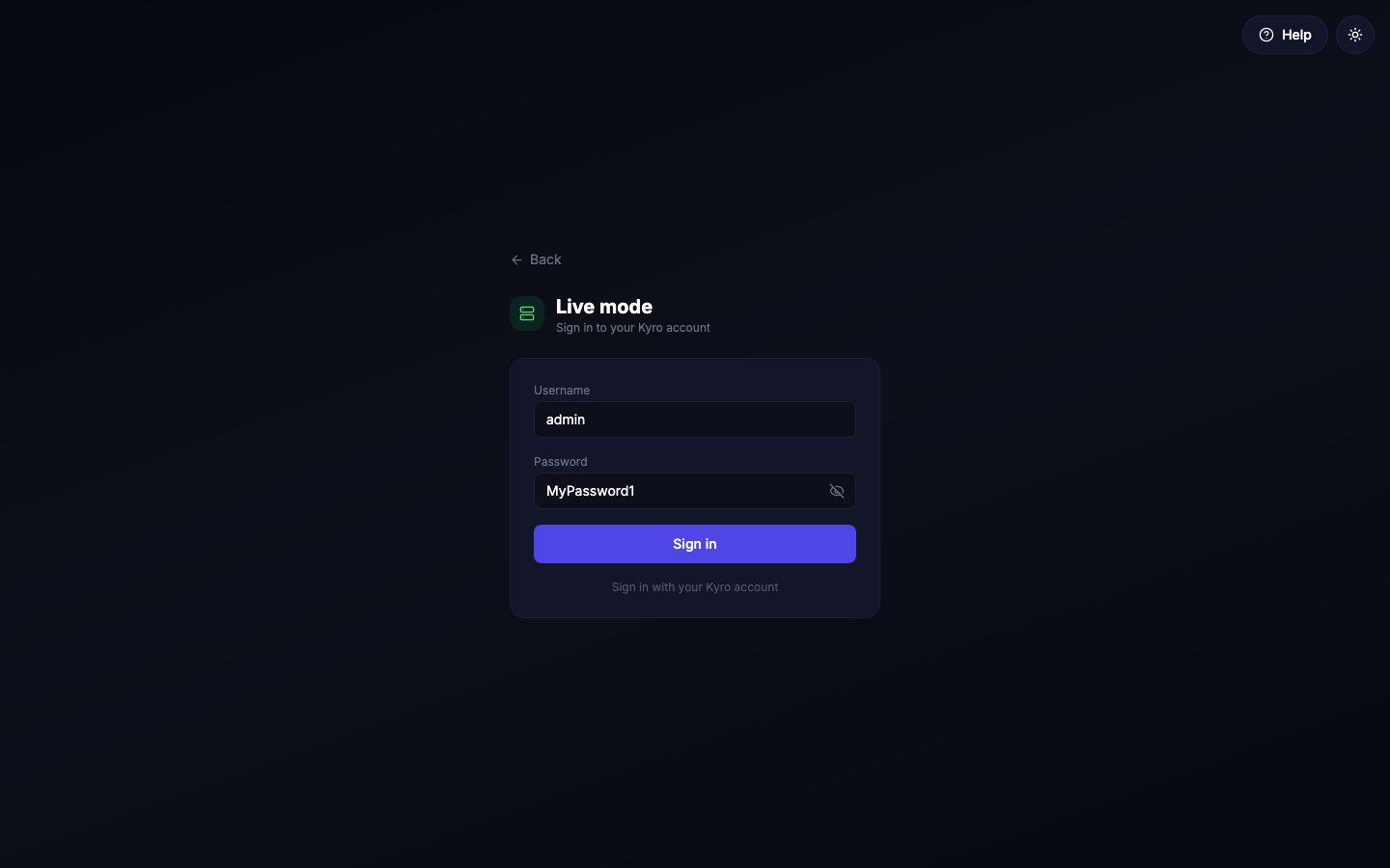 Live mode sign-in form with the password shown using the eye button