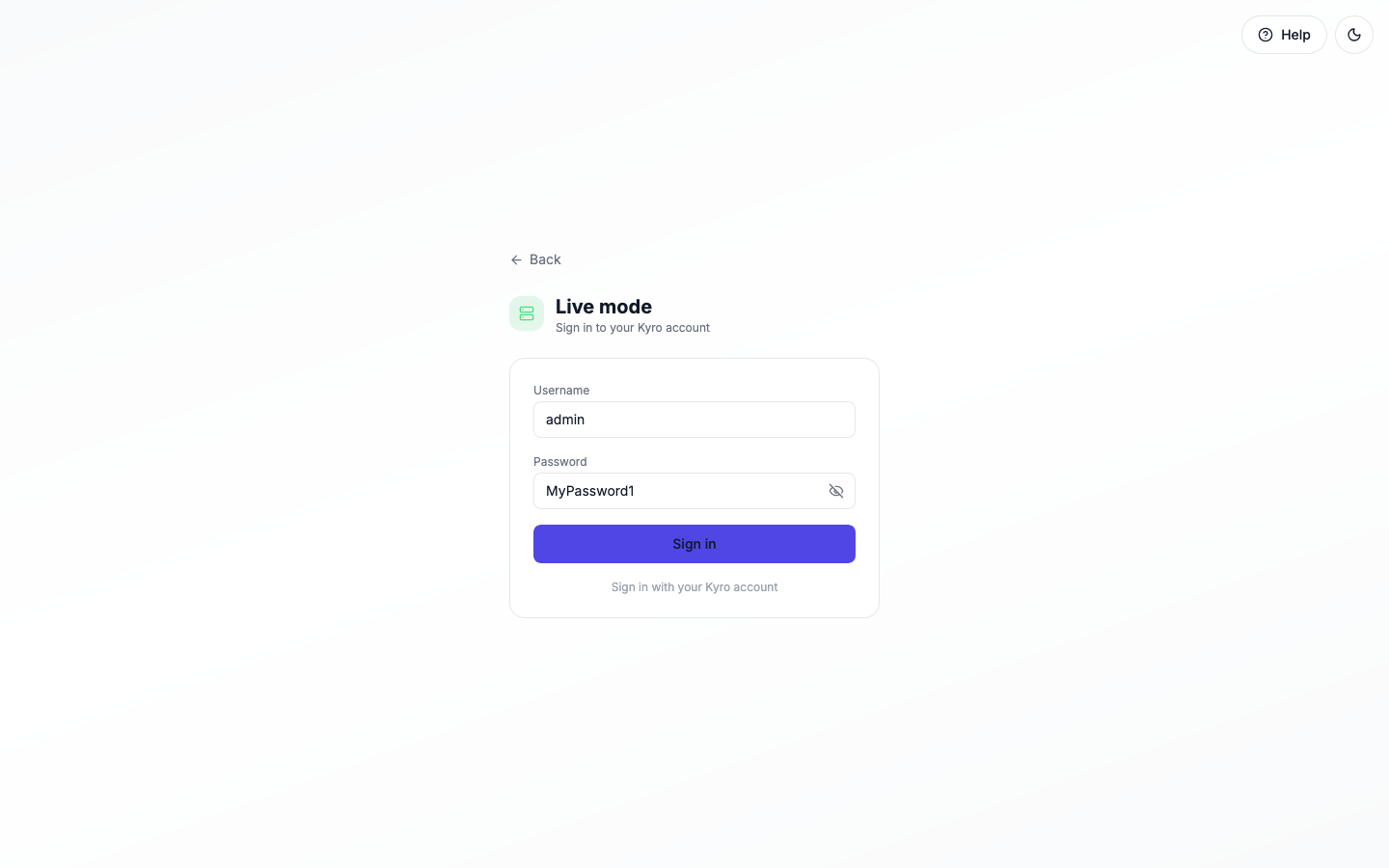Live mode sign-in form with the password shown using the eye button