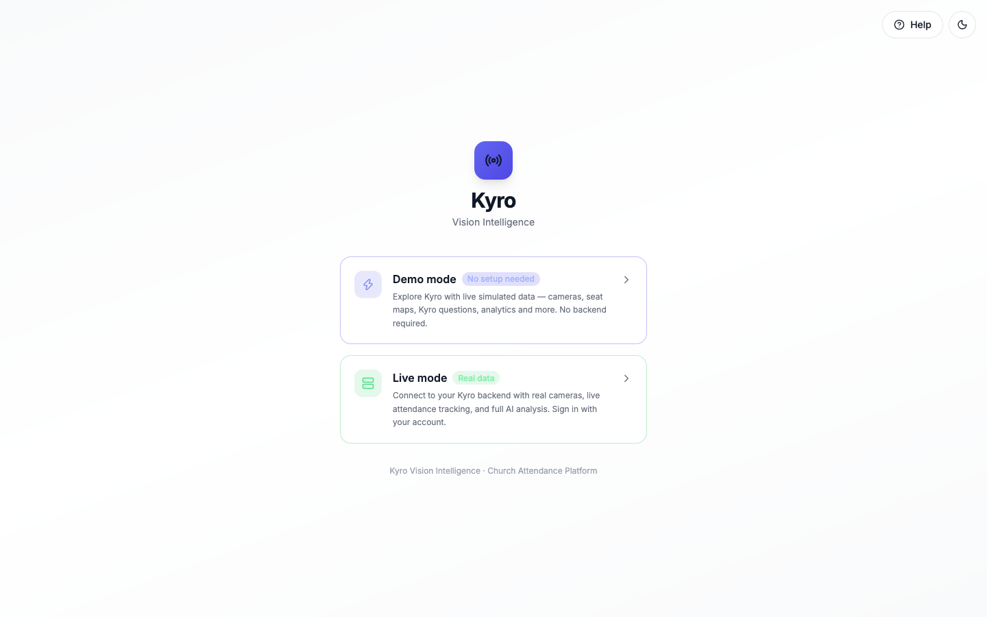 Kyro sign-in screen with the Demo mode and Live mode cards, and the Help and light/dark buttons at the top right