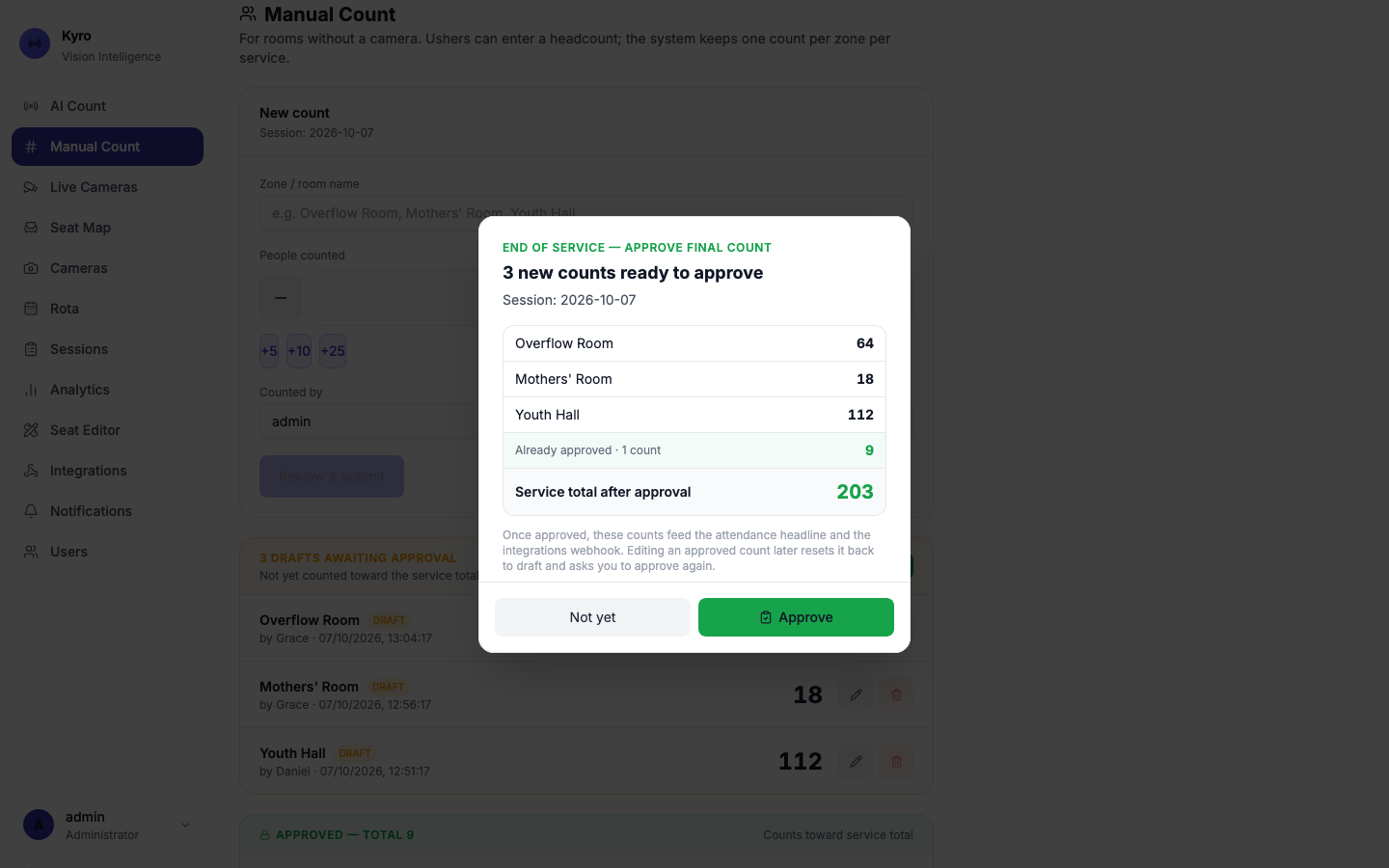 End of service approval window listing three draft counts and the service total after approval