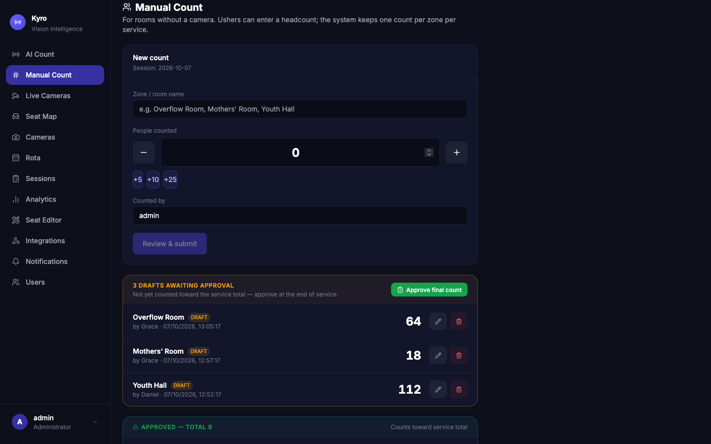 Manual Count page with the New count form, three drafts awaiting approval and one approved count