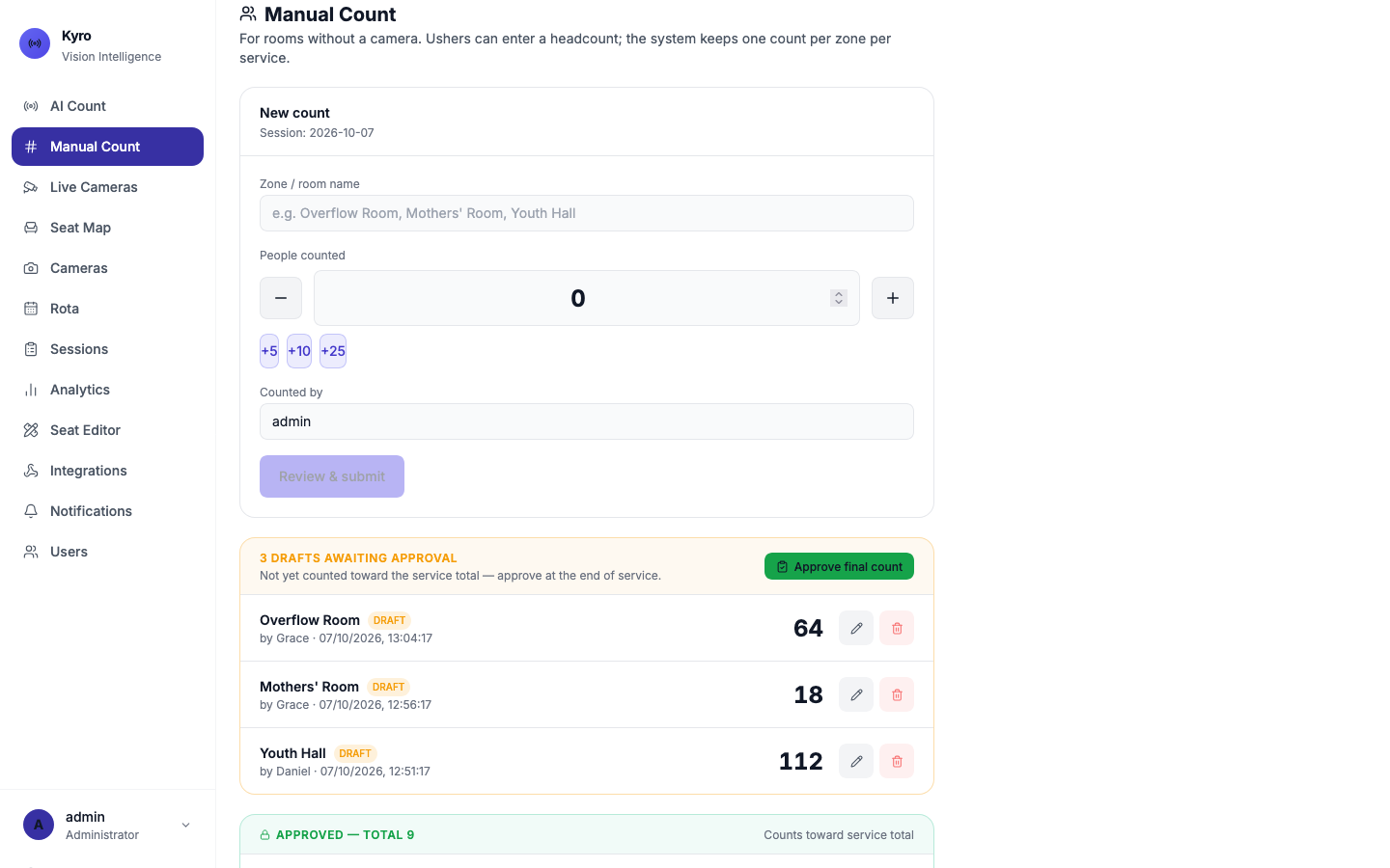 Manual Count page with the New count form, three drafts awaiting approval and one approved count