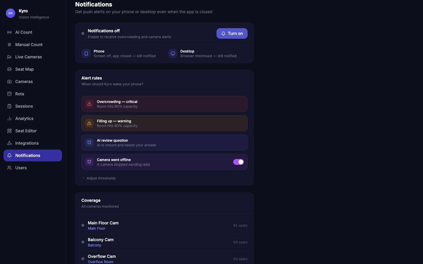 Notifications page before turning on, showing Notifications off and the Turn on button