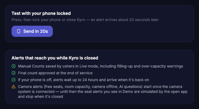 The Test with your phone locked card and the list of alerts that reach you while Kyro is closed