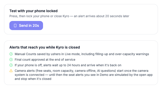 The Test with your phone locked card and the list of alerts that reach you while Kyro is closed