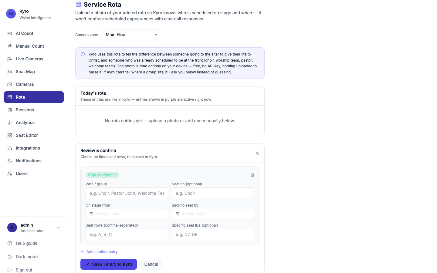 Service Rota page with today's rota, upload rota photo, and the Review and confirm form for a manual entry