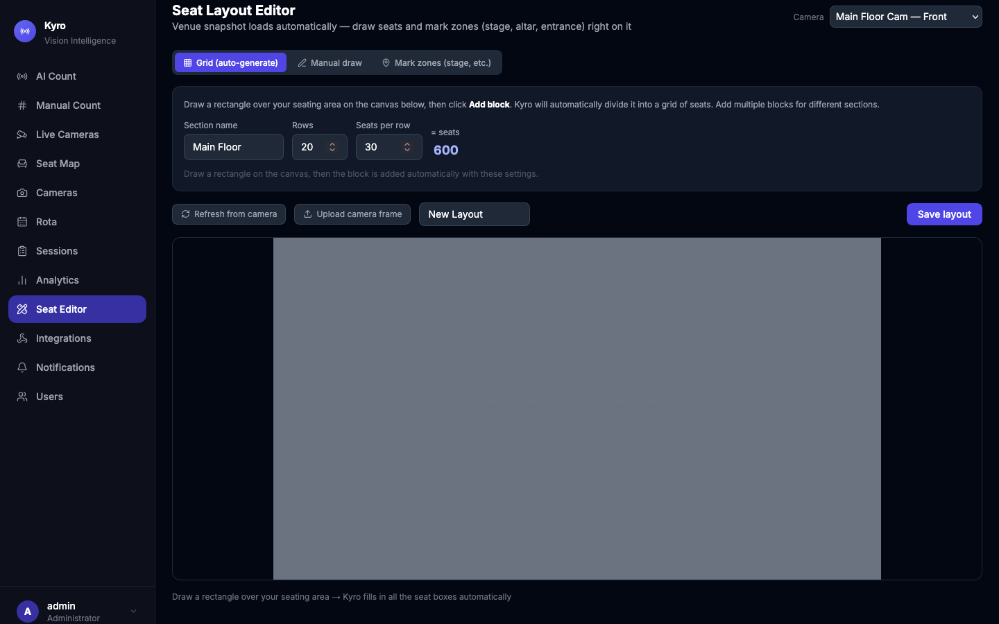 Seat Layout Editor with the camera menu, Grid, Manual draw and Mark zones modes, the drawing area and saved layouts