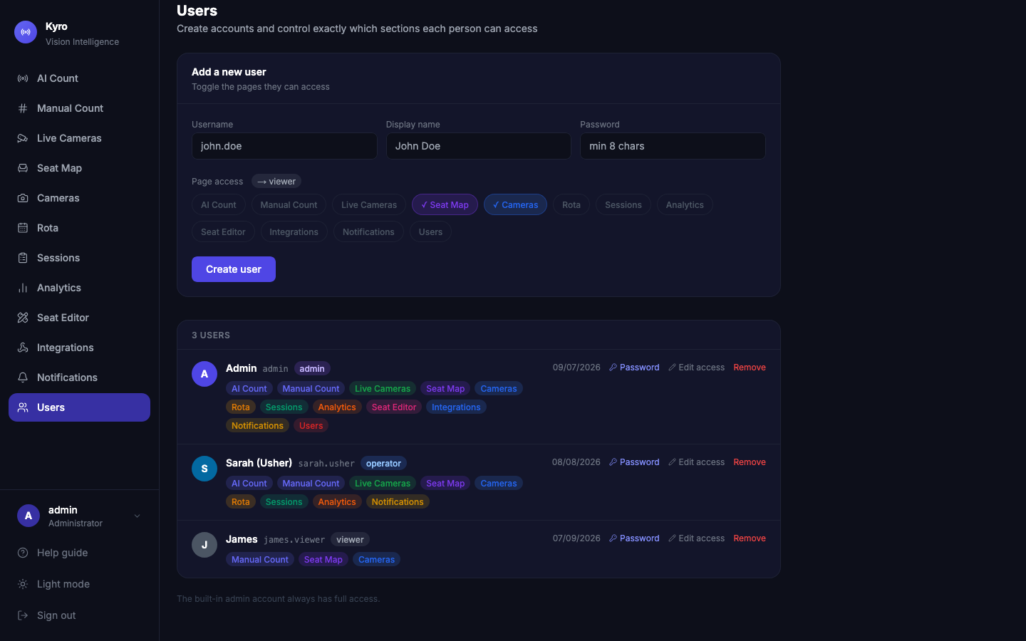 Users page with the Add a new user form and page access chips, and the list of users with their roles and pages