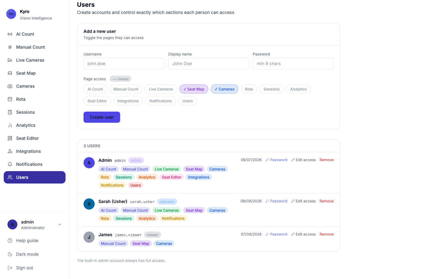 Users page with the Add a new user form and page access chips, and the list of users with their roles and pages